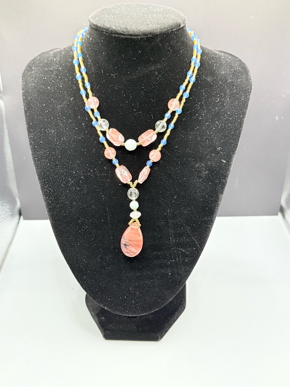 Pink Stone Teardrop Layered Beaded Necklace